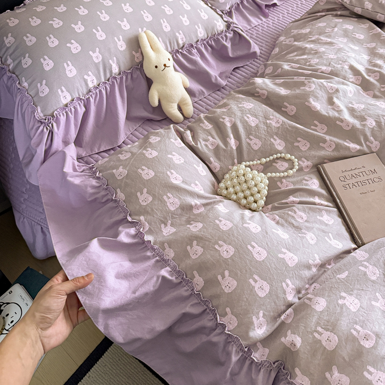 91家纺网 家纺一手货源 找家纺 富米莱（原臻工厂） 2026新款韩系古法韩国水洗棉云棉大布袋法式浪漫大花边床盖夏凉被床盖四件套 紫兔兔