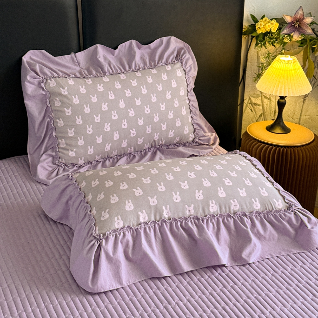 91家纺网 家纺一手货源 找家纺 富米莱（原臻工厂） 2026新款韩系古法韩国水洗棉云棉大布袋法式浪漫大花边床盖夏凉被床盖四件套 紫兔兔