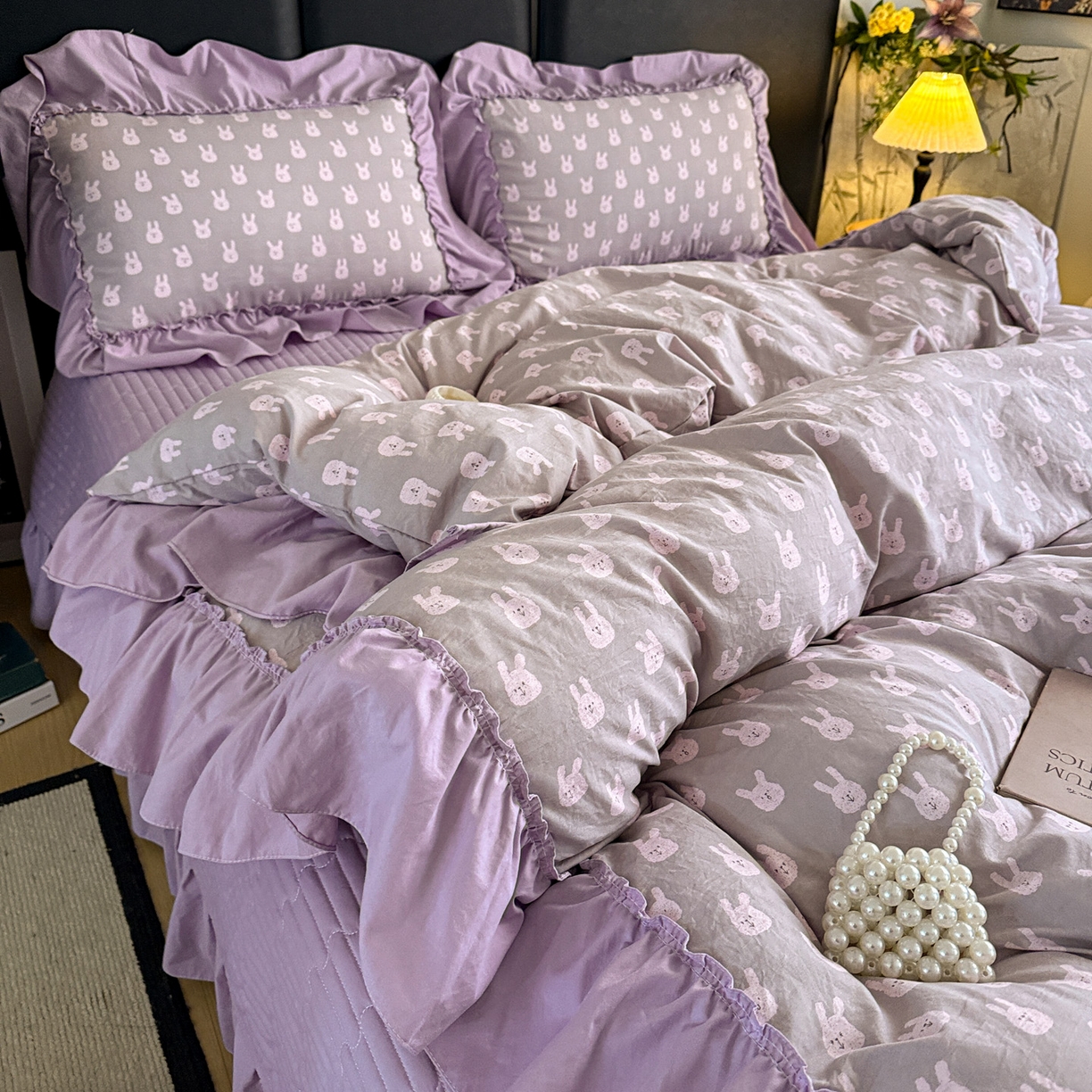 91家纺网 家纺一手货源 找家纺 富米莱（原臻工厂） 2026新款韩系古法韩国水洗棉云棉大布袋法式浪漫大花边床盖夏凉被床盖四件套 紫兔兔