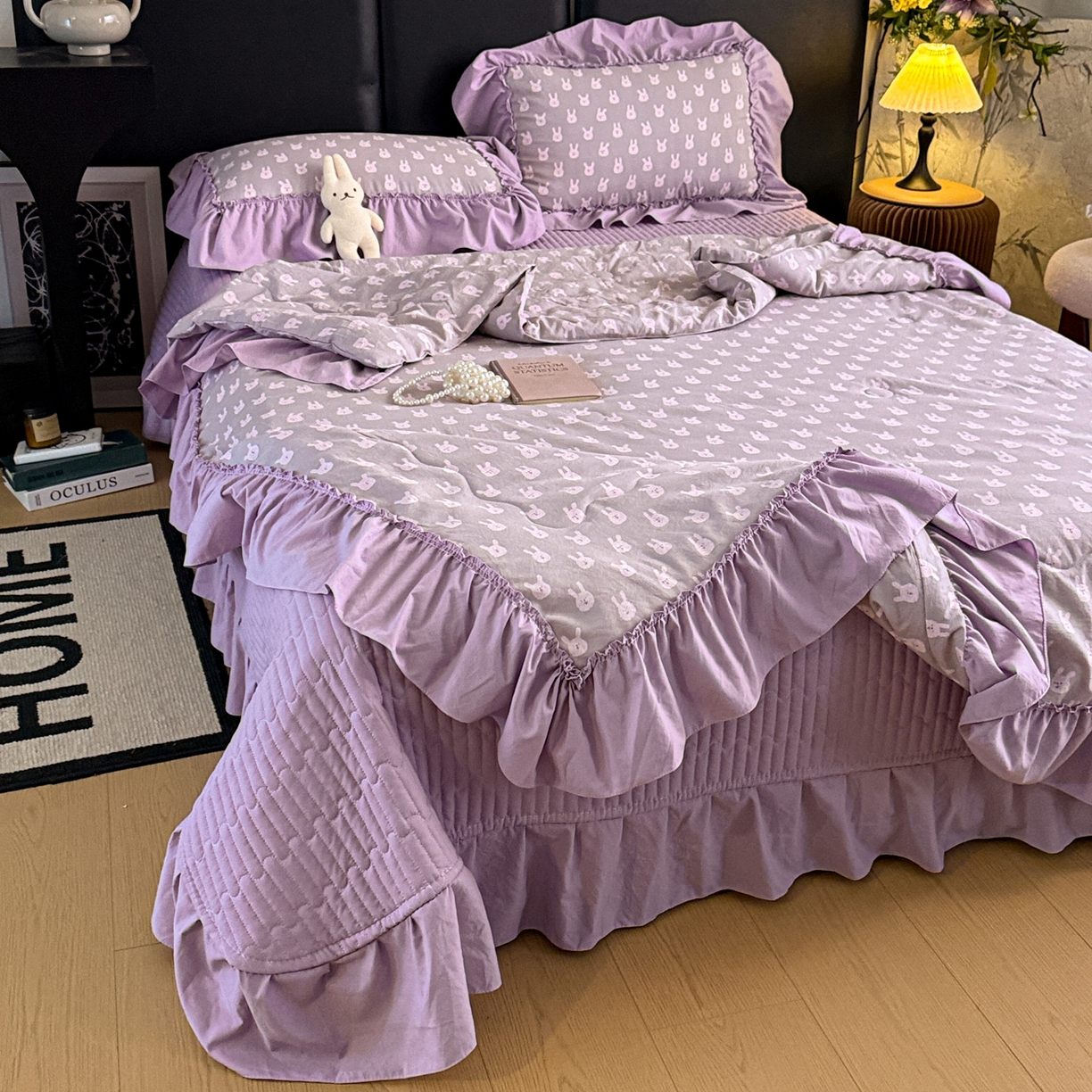 91家纺网 家纺一手货源 找家纺 富米莱（原臻工厂） 2026新款韩系古法韩国水洗棉云棉大布袋法式浪漫大花边床盖夏凉被床盖四件套 紫兔兔