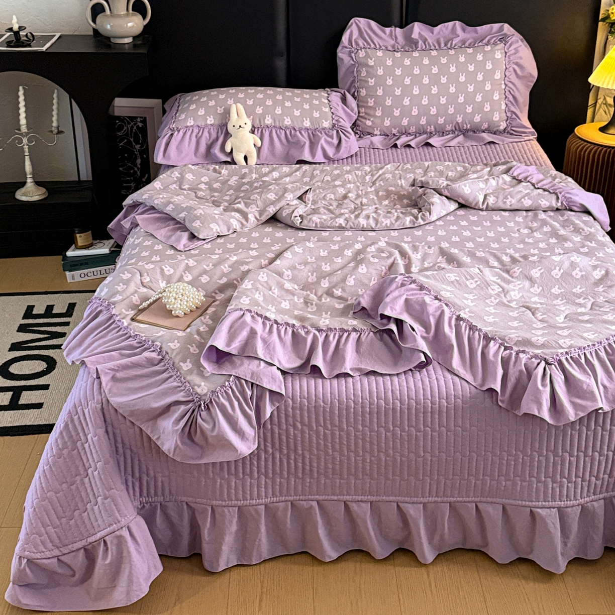 91家纺网 家纺一手货源 找家纺 富米莱（原臻工厂） 2026新款韩系古法韩国水洗棉云棉大布袋法式浪漫大花边床盖夏凉被床盖四件套 紫兔兔