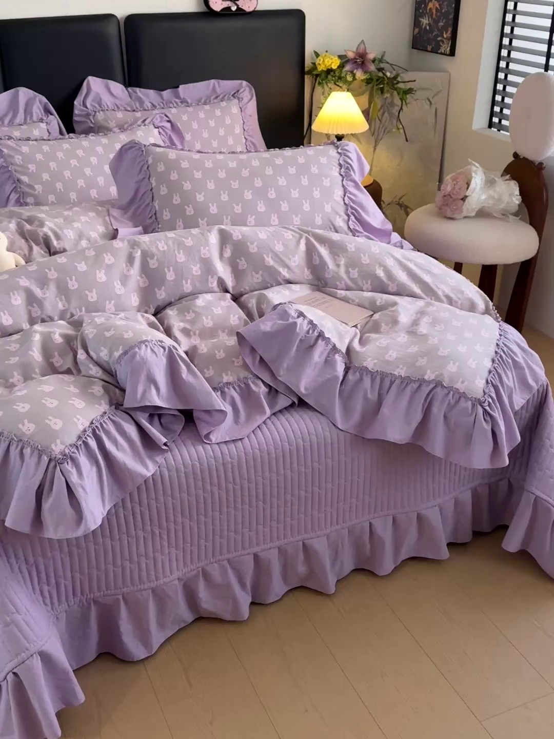 91家纺网 家纺一手货源 找家纺 富米莱（原臻工厂） 2026新款韩系古法韩国水洗棉云棉大布袋法式浪漫大花边床盖夏凉被床盖四件套 紫兔兔