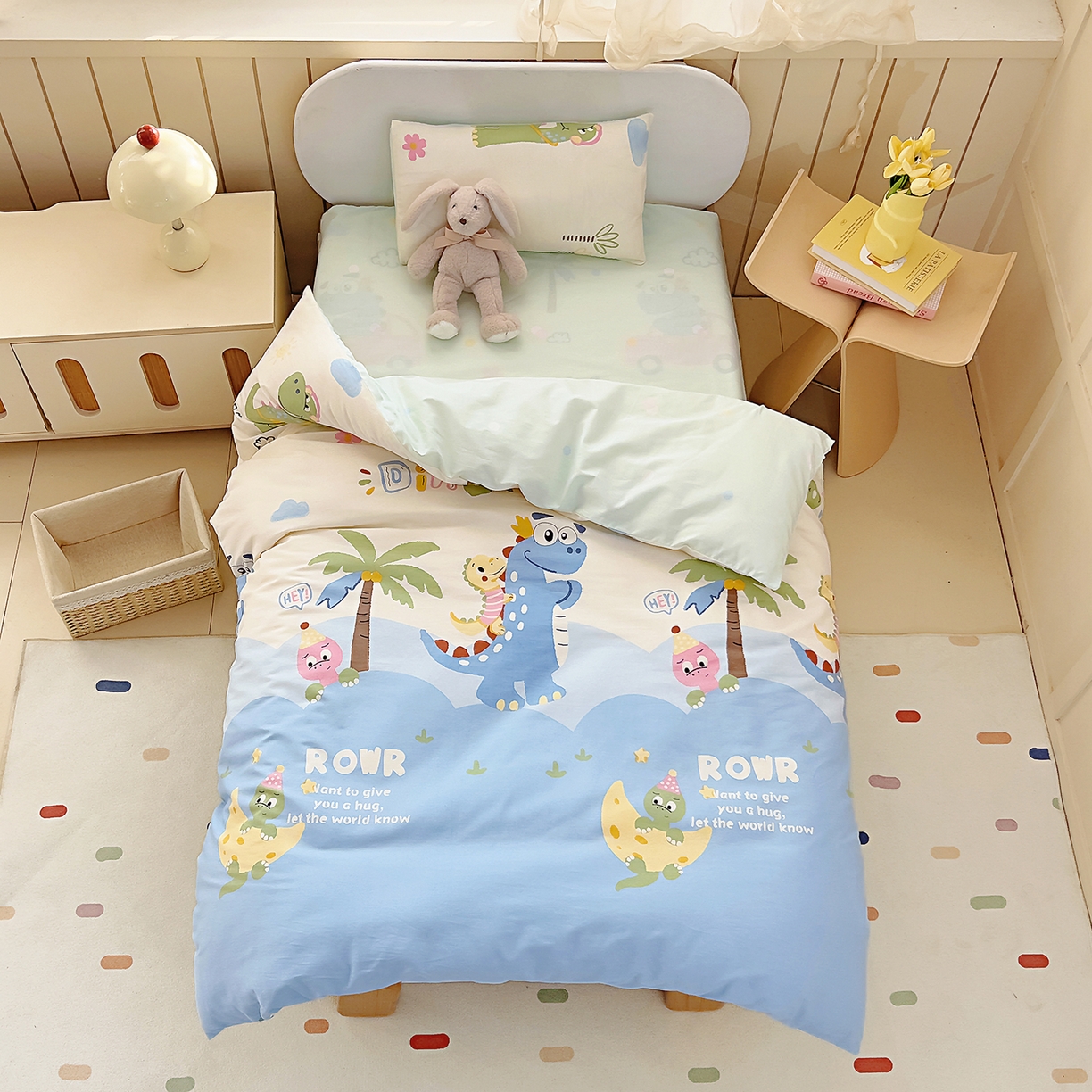 御棉坊 2026新款AB版全棉纯棉印花幼儿园三件套儿童午睡被宝宝入园含芯多件套 库克恐龙-蓝