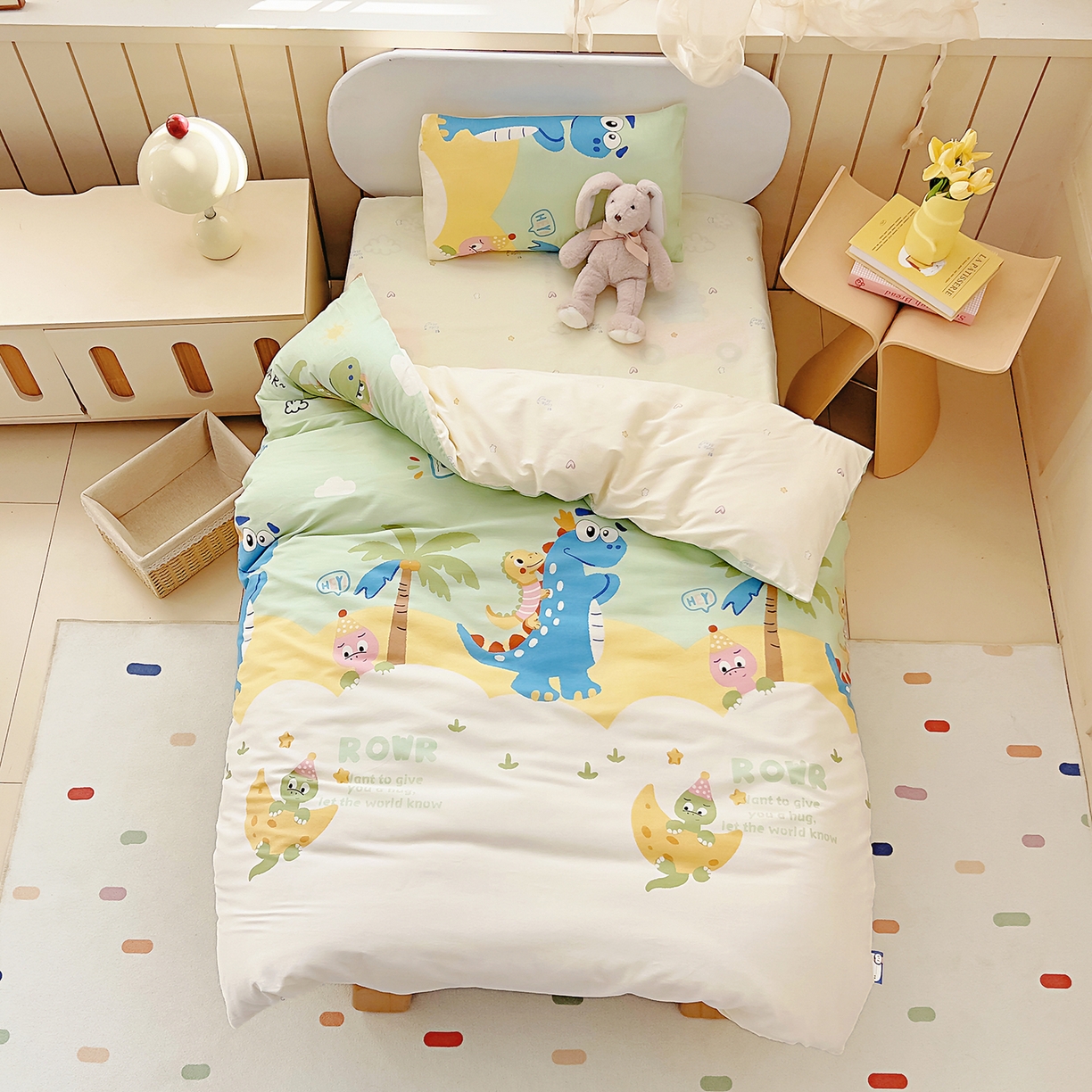 御棉坊 2026新款AB版全棉纯棉印花幼儿园三件套儿童午睡被宝宝入园含芯多件套 库克恐龙-绿