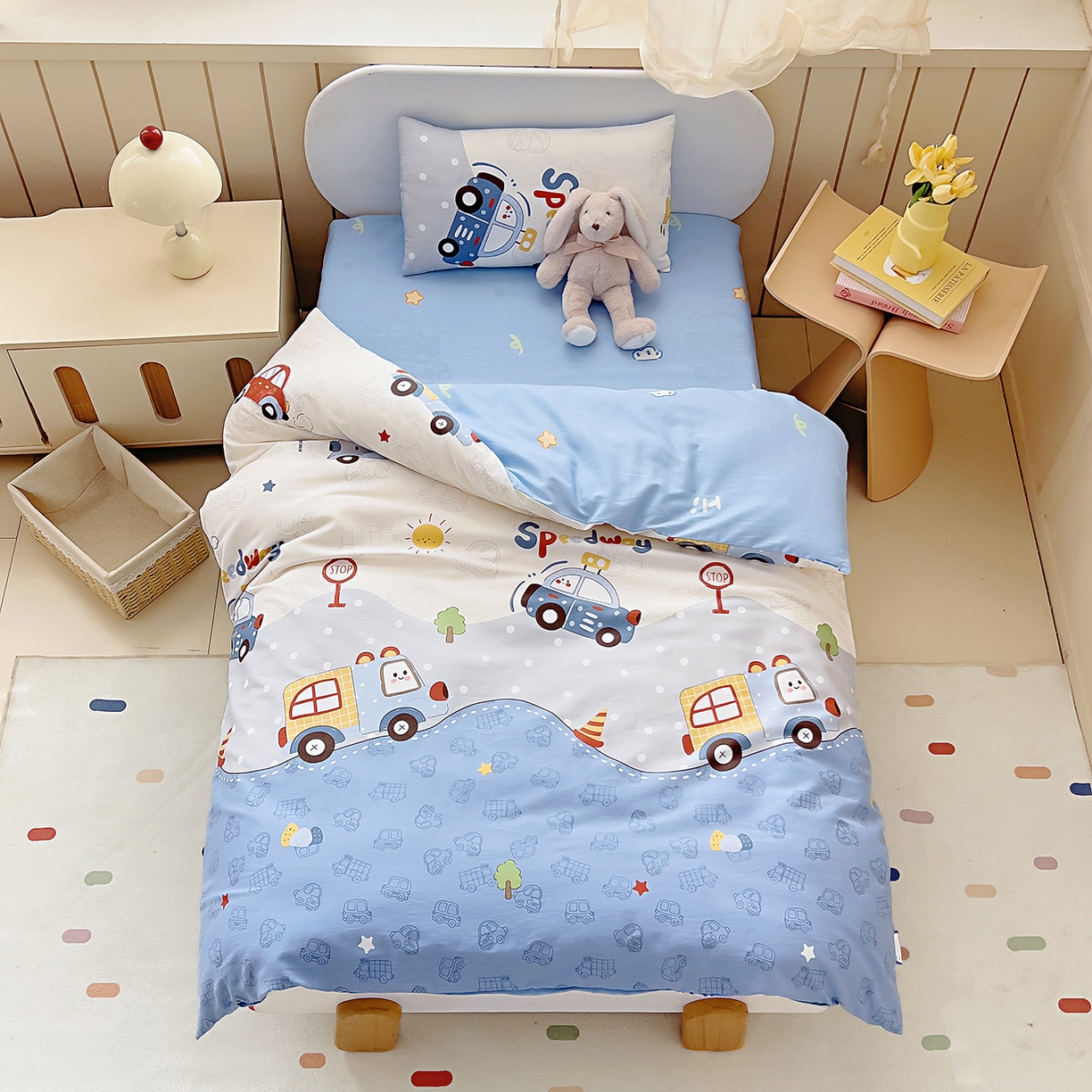 御棉坊 2026新款AB版全棉纯棉印花幼儿园三件套儿童午睡被宝宝入园含芯多件套 山道接力赛