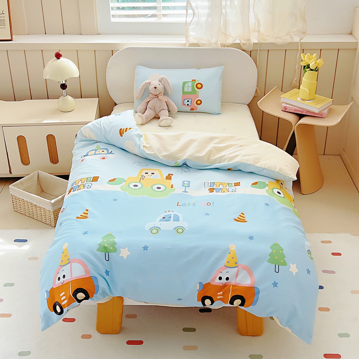 91家纺网 家纺一手货源 找家纺 御棉坊 2026新款AB版全棉纯棉印花幼儿园三件套儿童午睡被宝宝入园含芯多件套 挖机行动