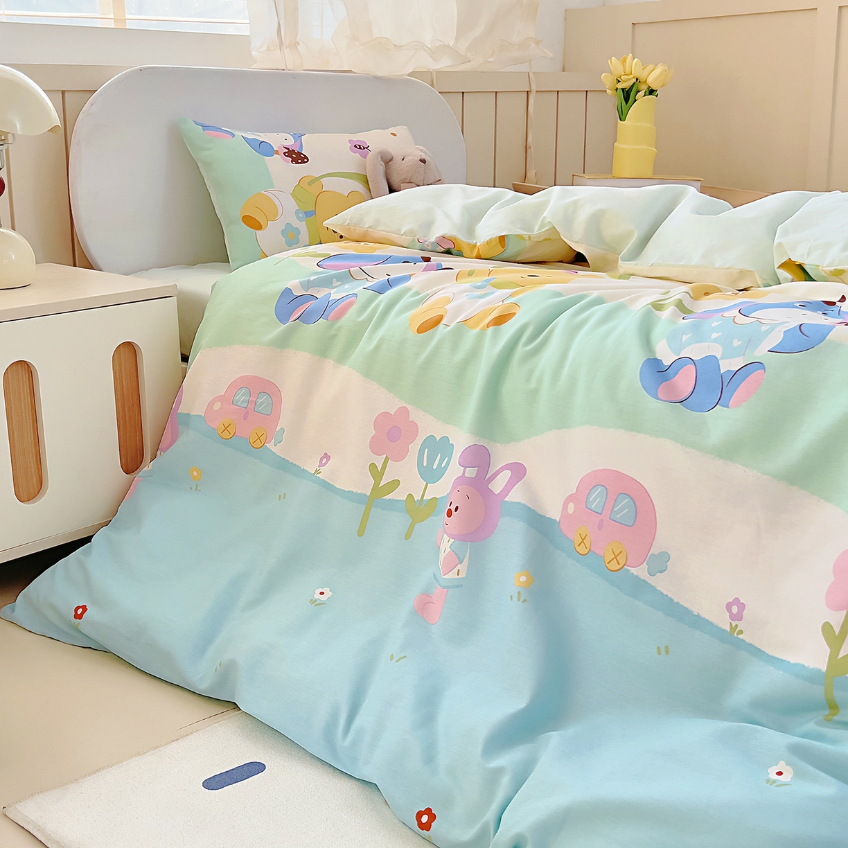 91家纺网 家纺一手货源 找家纺 御棉坊 2026新款AB版全棉纯棉印花幼儿园三件套儿童午睡被宝宝入园含芯多件套 向日葵伙伴