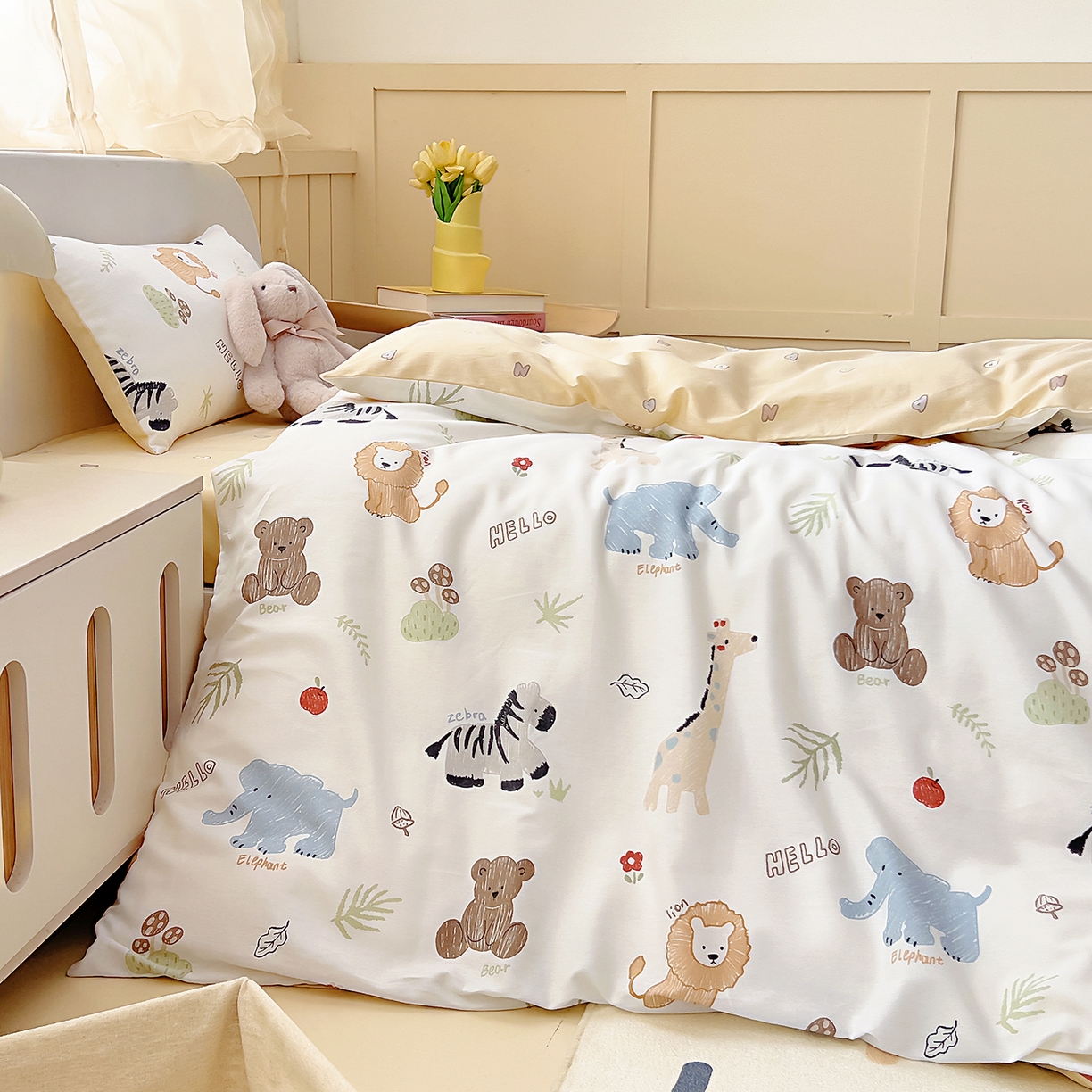 91家纺网 家纺一手货源 找家纺 御棉坊 2026新款AB版全棉纯棉印花幼儿园三件套儿童午睡被宝宝入园含芯多件套 小小动物园