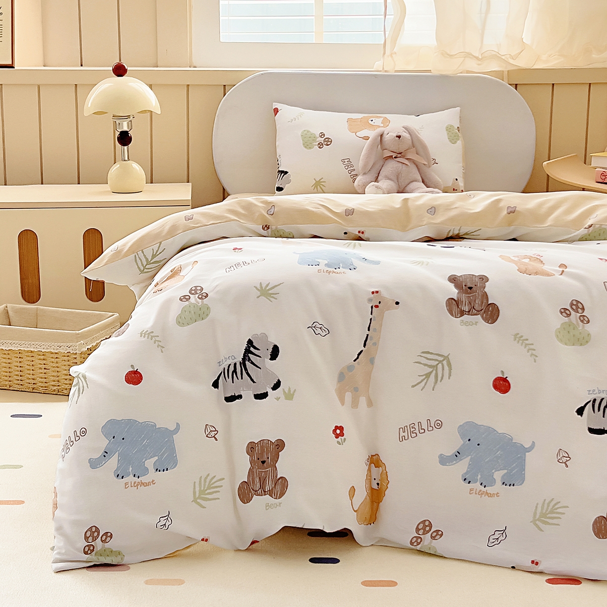 91家纺网 家纺一手货源 找家纺 御棉坊 2026新款AB版全棉纯棉印花幼儿园三件套儿童午睡被宝宝入园含芯多件套 小小动物园