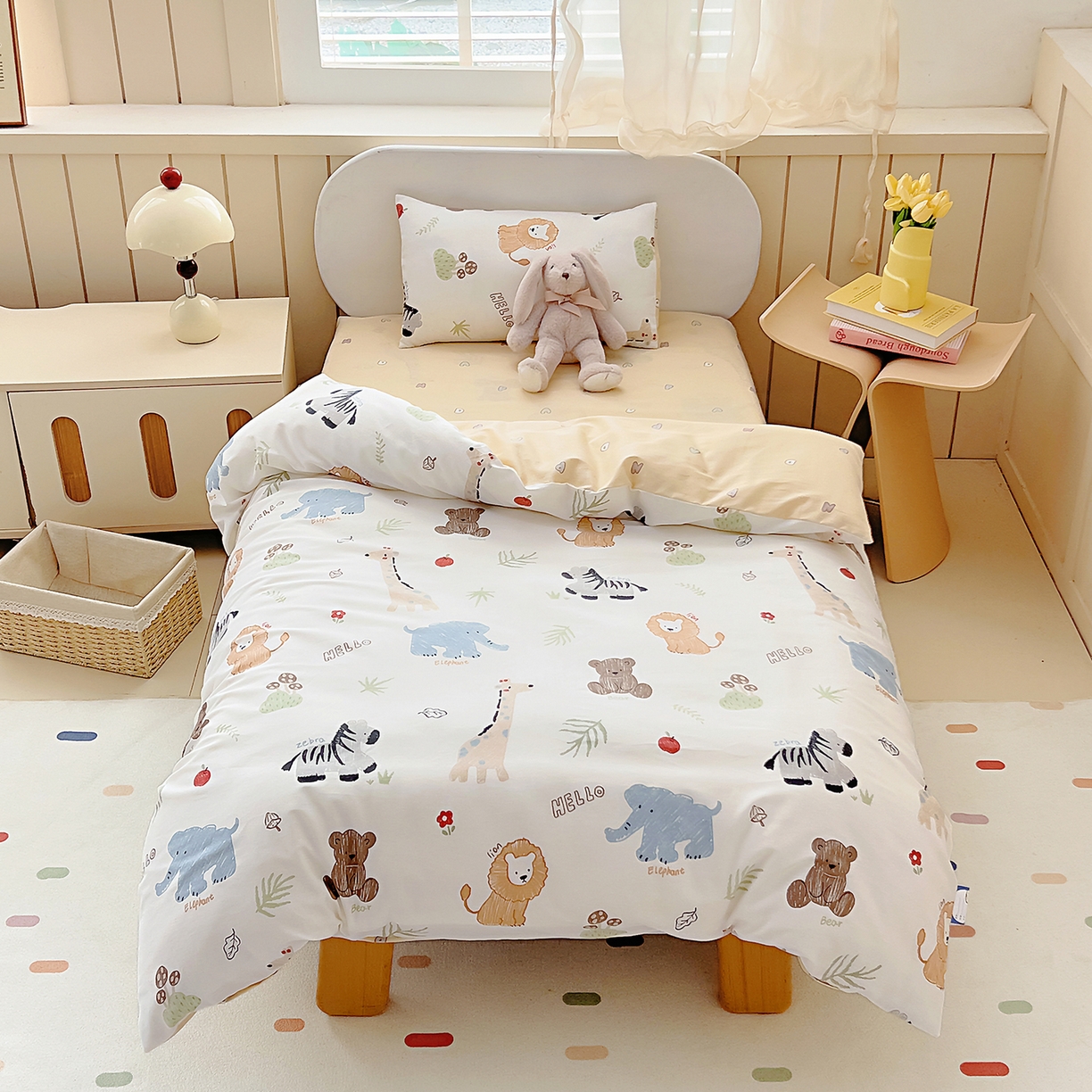 91家纺网 家纺一手货源 找家纺 御棉坊 2026新款AB版全棉纯棉印花幼儿园三件套儿童午睡被宝宝入园含芯多件套 小小动物园