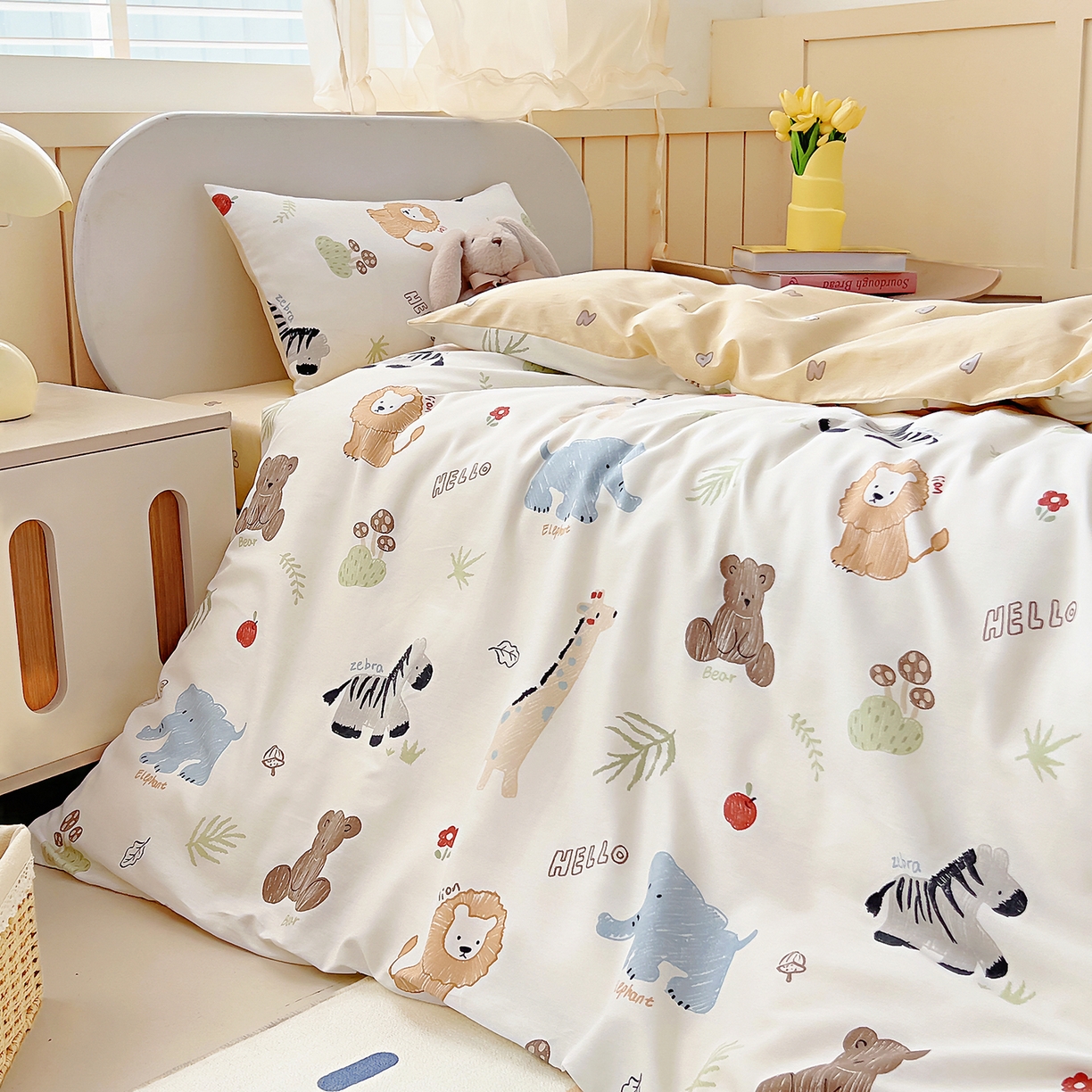 91家纺网 家纺一手货源 找家纺 御棉坊 2026新款AB版全棉纯棉印花幼儿园三件套儿童午睡被宝宝入园含芯多件套 小小动物园