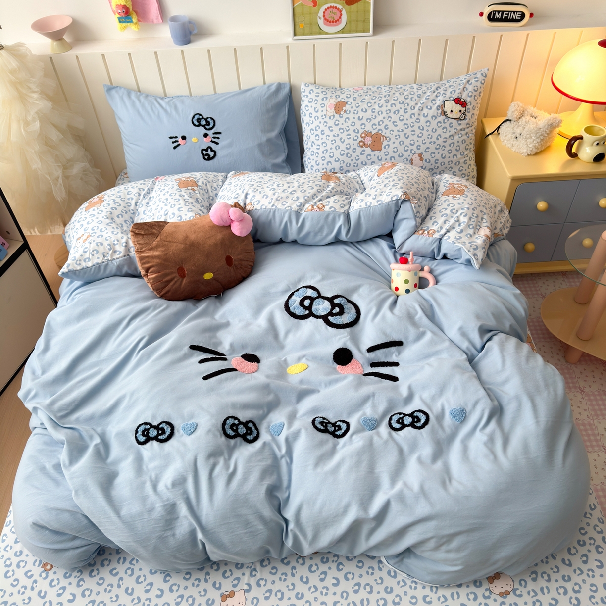 91家纺网 家纺一手货源 找家纺 （总）一霖家纺 2026新款云朵棉毛巾绣小清新猫咪系列四件套