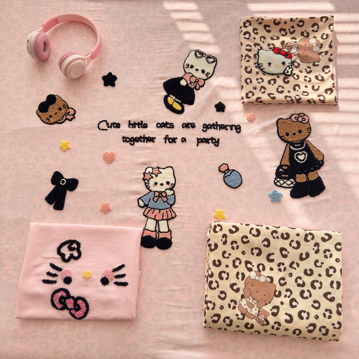 91家纺网 家纺一手货源 找家纺 一霖家纺 2026新款云朵棉毛巾绣小清新猫咪系列四件套 黑皮KT粉