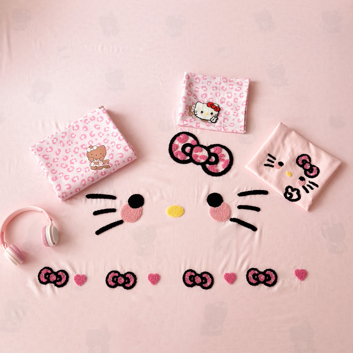 91家纺网 家纺一手货源 找家纺 一霖家纺 2026新款云朵棉毛巾绣小清新猫咪系列四件套 可爱猫咪粉