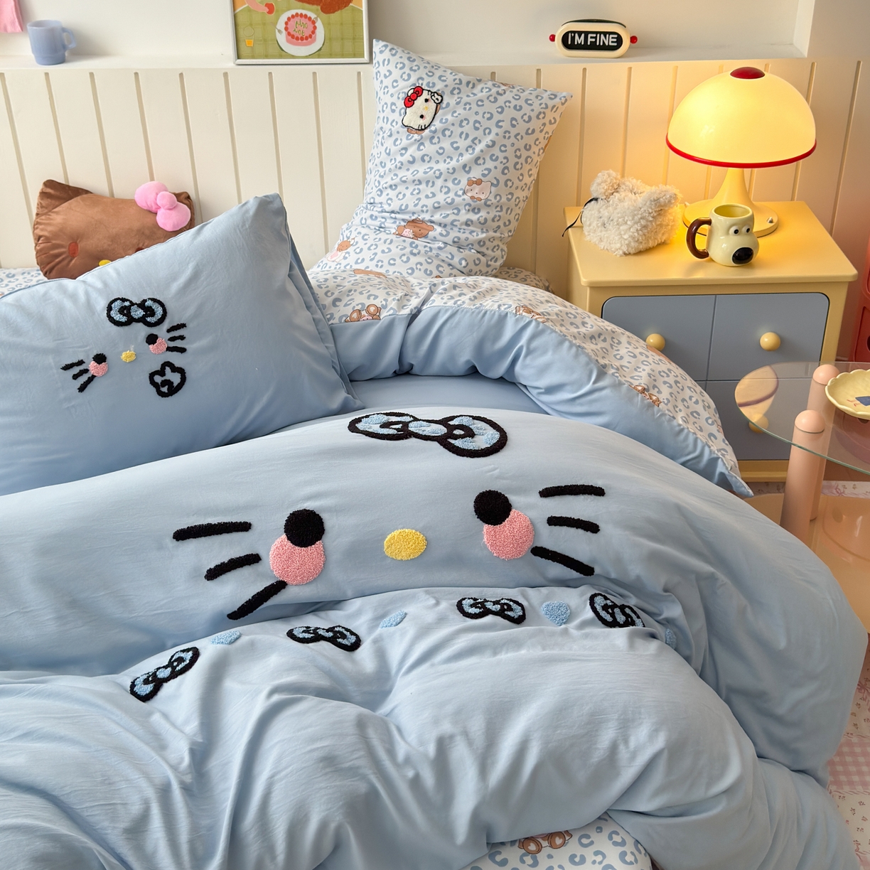 91家纺网 家纺一手货源 找家纺 一霖家纺 2026新款云朵棉毛巾绣小清新猫咪系列四件套 可爱猫咪蓝