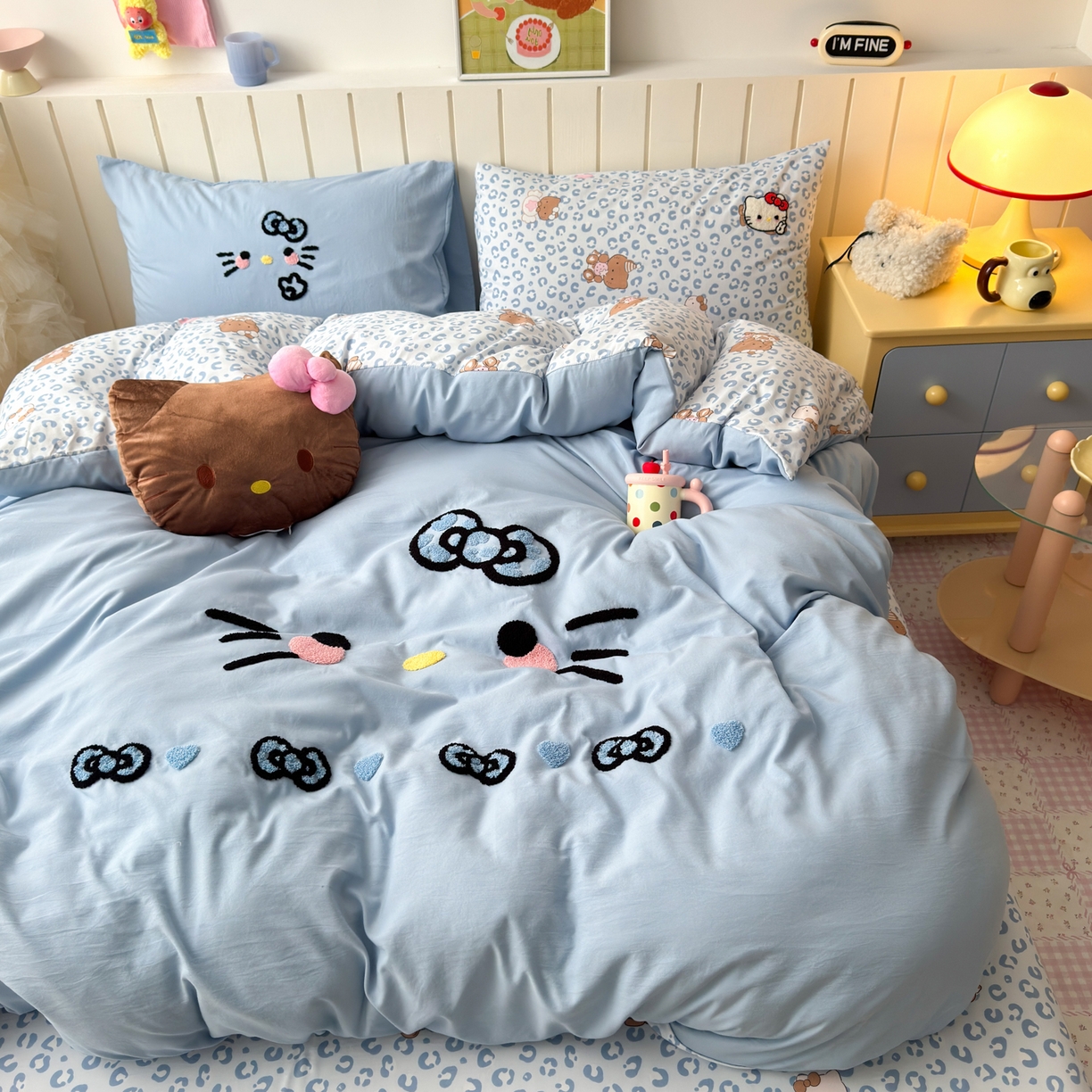 91家纺网 家纺一手货源 找家纺 一霖家纺 2026新款云朵棉毛巾绣小清新猫咪系列四件套 可爱猫咪蓝