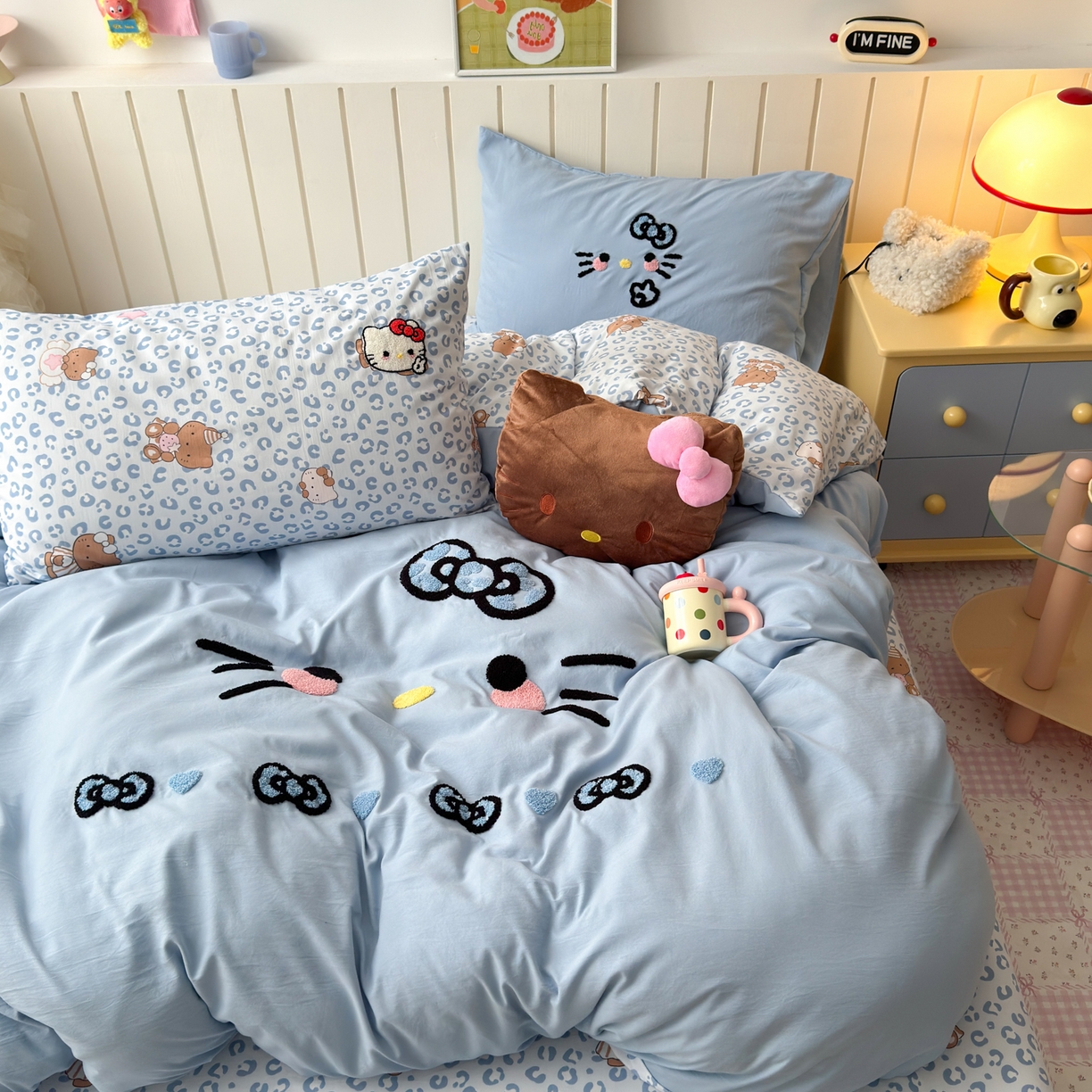 91家纺网 家纺一手货源 找家纺 一霖家纺 2026新款云朵棉毛巾绣小清新猫咪系列四件套 可爱猫咪蓝