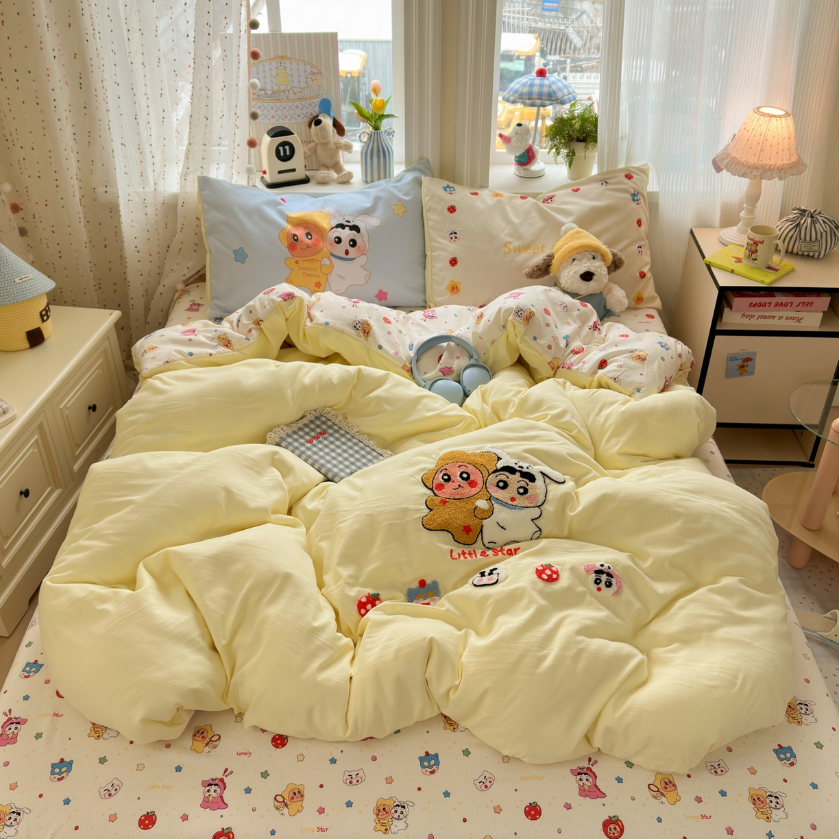 一霖家纺 2026新款云朵棉毛巾绣小清新猫咪系列四件套 蜡笔星星