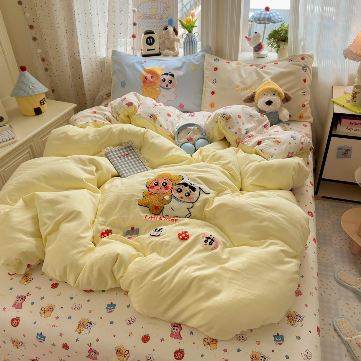 91家纺网 家纺一手货源 找家纺 一霖家纺 2026新款云朵棉毛巾绣小清新猫咪系列四件套 蜡笔星星