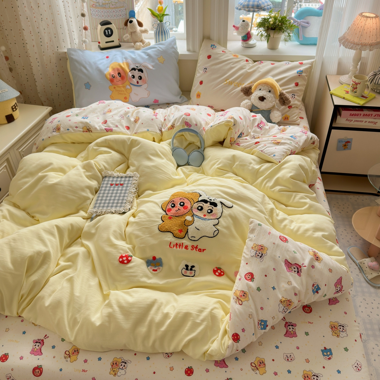 91家纺网 家纺一手货源 找家纺 一霖家纺 2026新款云朵棉毛巾绣小清新猫咪系列四件套 蜡笔星星