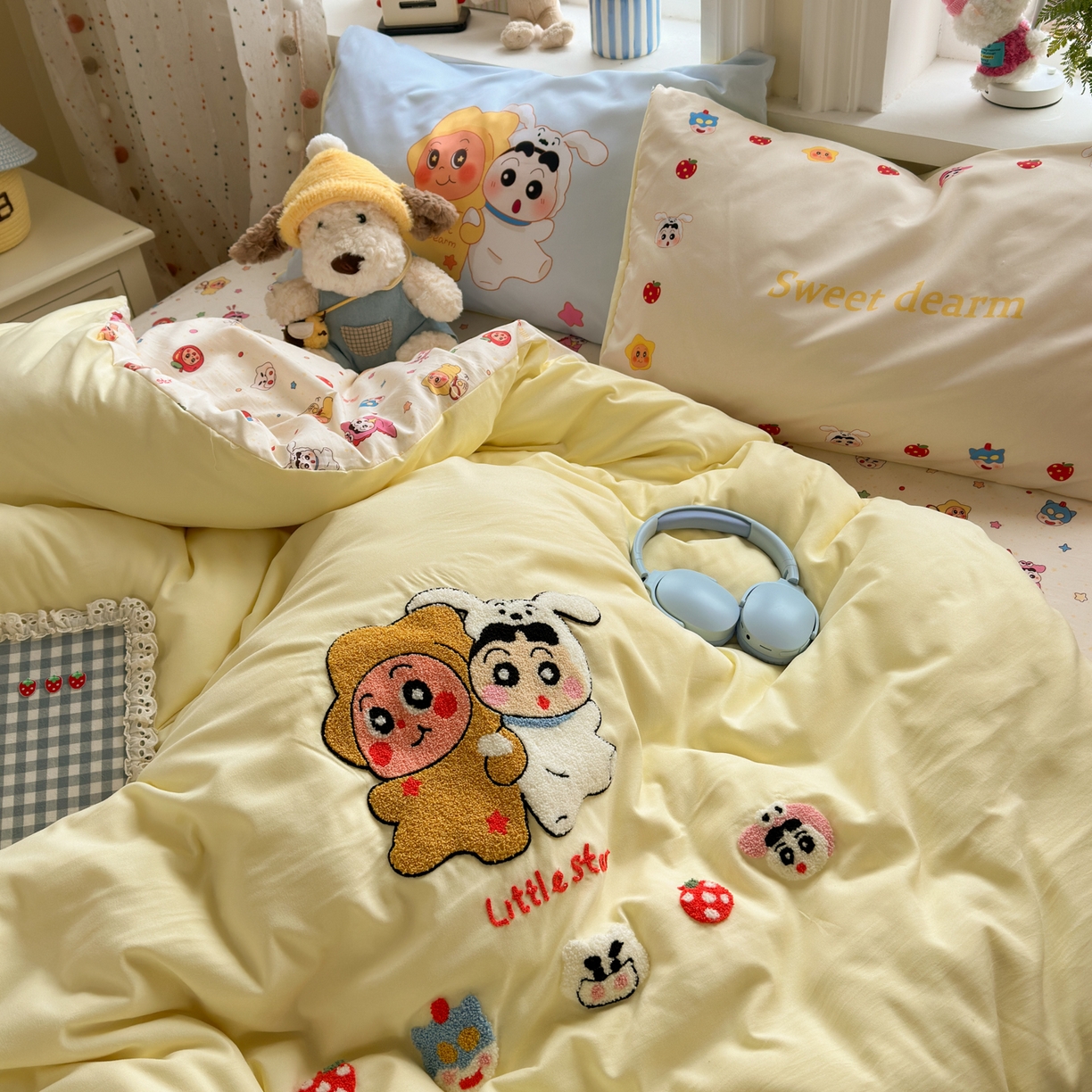 91家纺网 家纺一手货源 找家纺 一霖家纺 2026新款云朵棉毛巾绣小清新猫咪系列四件套 蜡笔星星