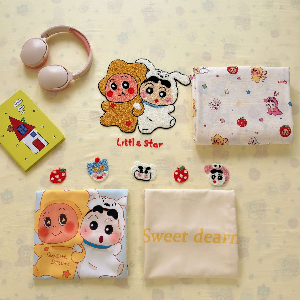 91家纺网 家纺一手货源 找家纺 一霖家纺 2026新款云朵棉毛巾绣小清新猫咪系列四件套 蜡笔星星