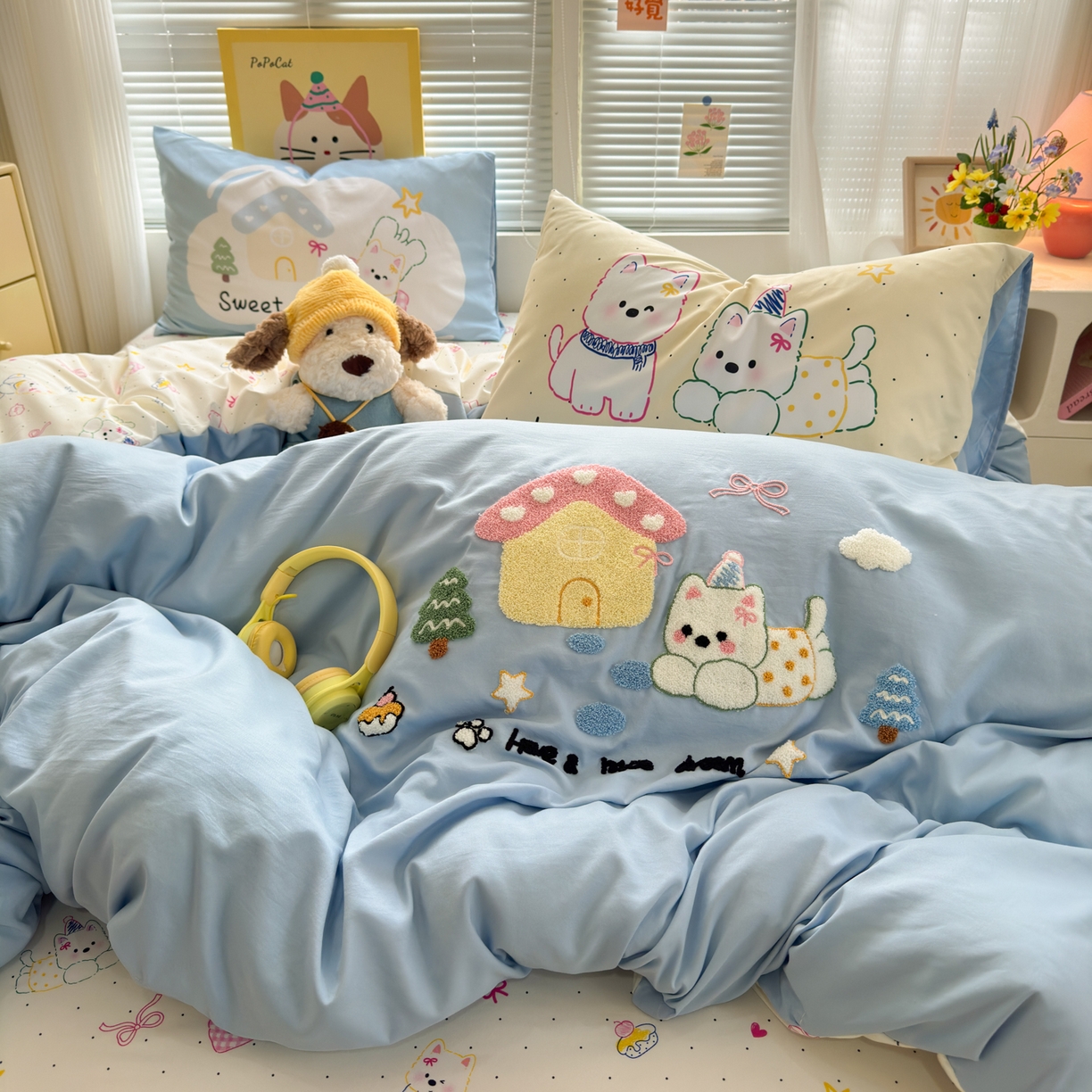 91家纺网 家纺一手货源 找家纺 一霖家纺 2026新款云朵棉毛巾绣小清新猫咪系列四件套 汪汪碎碎念