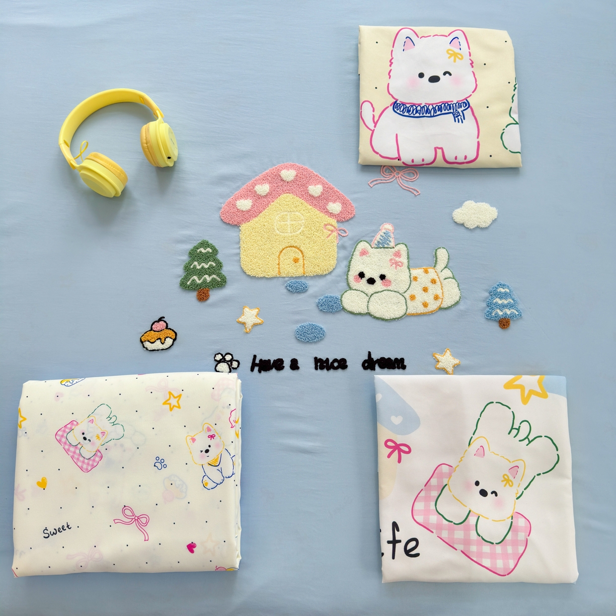 91家纺网 家纺一手货源 找家纺 一霖家纺 2026新款云朵棉毛巾绣小清新猫咪系列四件套 汪汪碎碎念