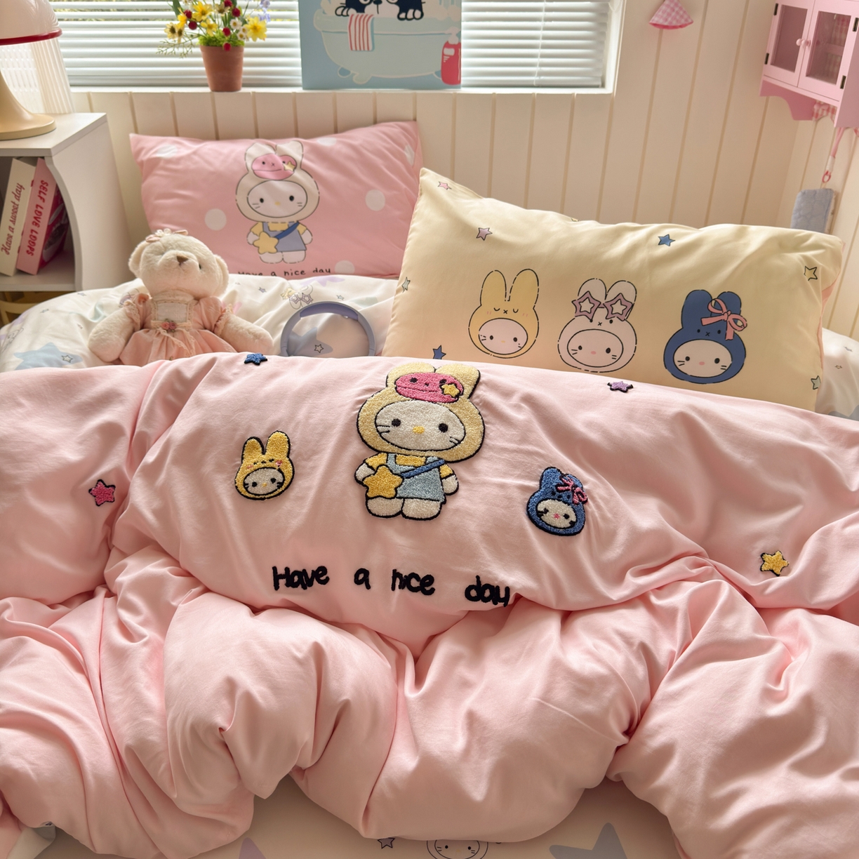 91家纺网 家纺一手货源 找家纺 一霖家纺 2026新款云朵棉毛巾绣小清新猫咪系列四件套 星星米菲兔