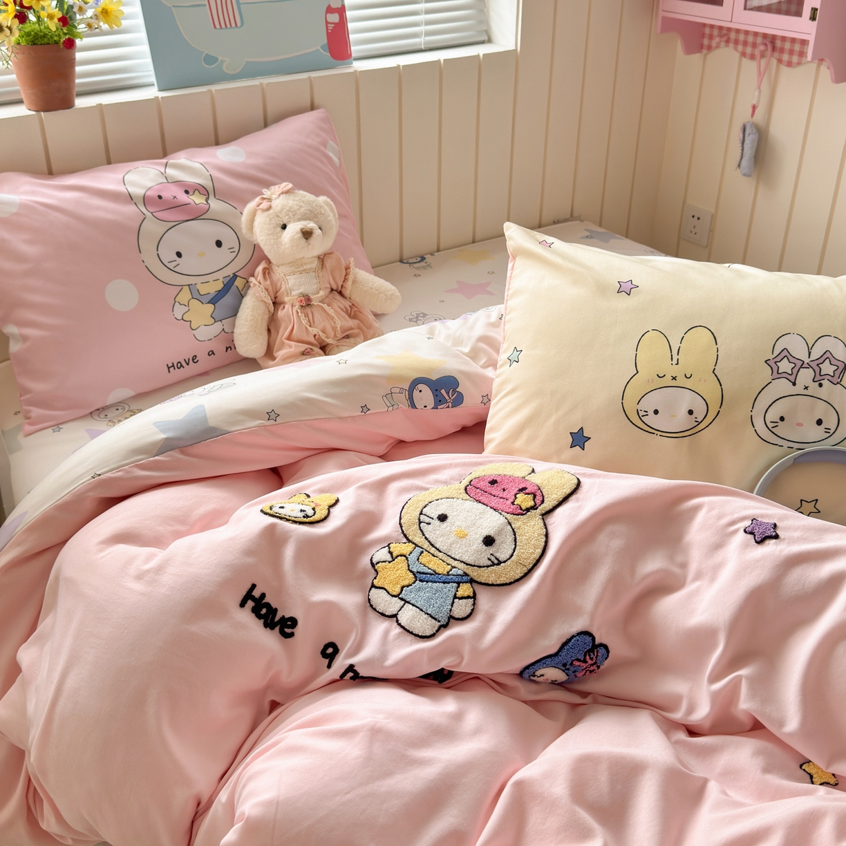 91家纺网 家纺一手货源 找家纺 一霖家纺 2026新款云朵棉毛巾绣小清新猫咪系列四件套 星星米菲兔