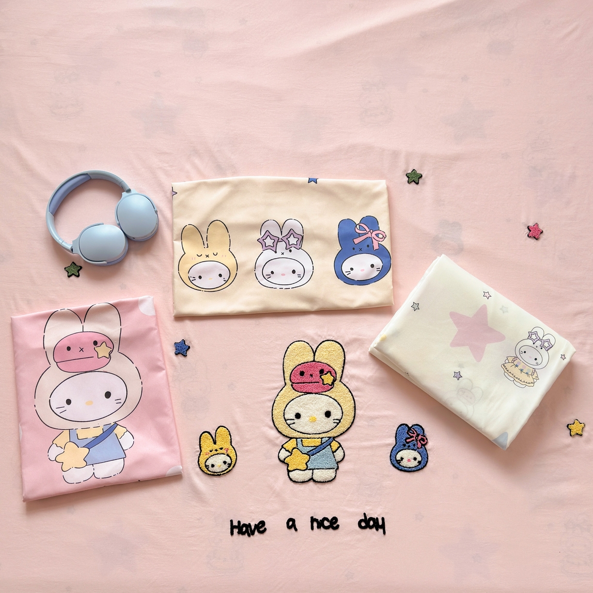 91家纺网 家纺一手货源 找家纺 一霖家纺 2026新款云朵棉毛巾绣小清新猫咪系列四件套 星星米菲兔