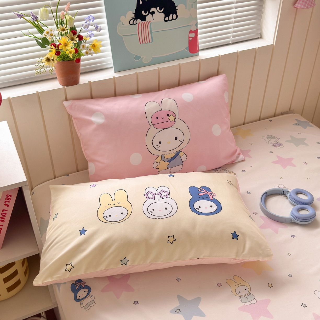 91家纺网 家纺一手货源 找家纺 一霖家纺 2026新款云朵棉毛巾绣小清新猫咪系列四件套 星星米菲兔