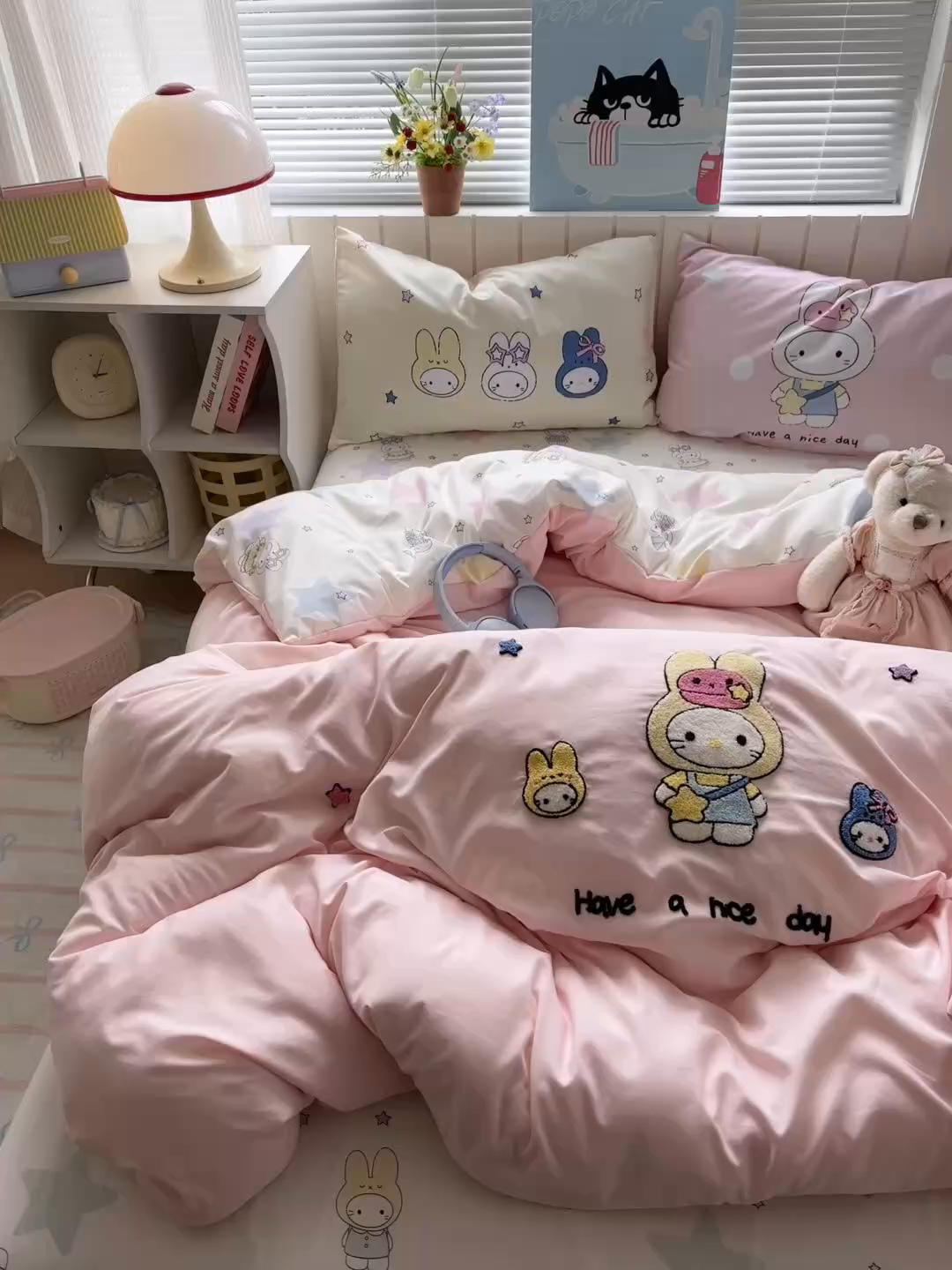 91家纺网 家纺一手货源 找家纺 一霖家纺 2026新款云朵棉毛巾绣小清新猫咪系列四件套 星星米菲兔