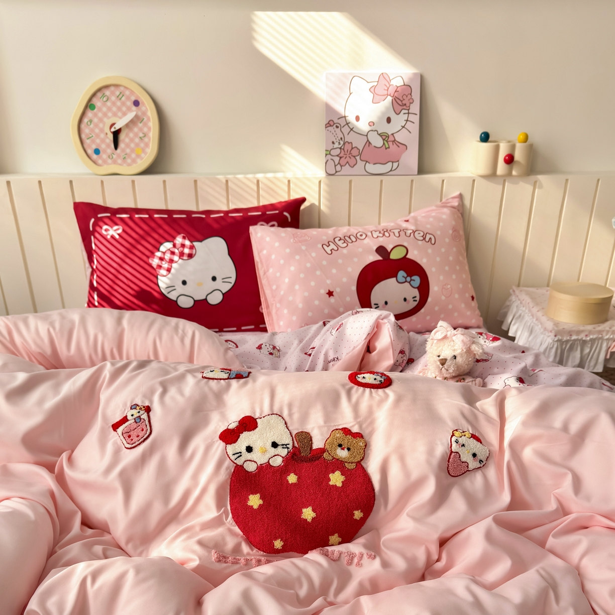 91家纺网 家纺一手货源 找家纺 一霖家纺 2026新款云朵棉毛巾绣小清新猫咪系列四件套 星星苹果猫