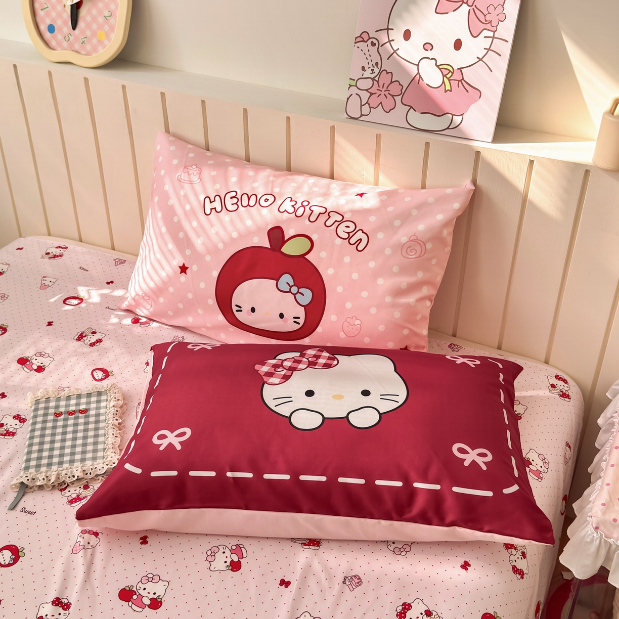 91家纺网 家纺一手货源 找家纺 一霖家纺 2026新款云朵棉毛巾绣小清新猫咪系列四件套 星星苹果猫