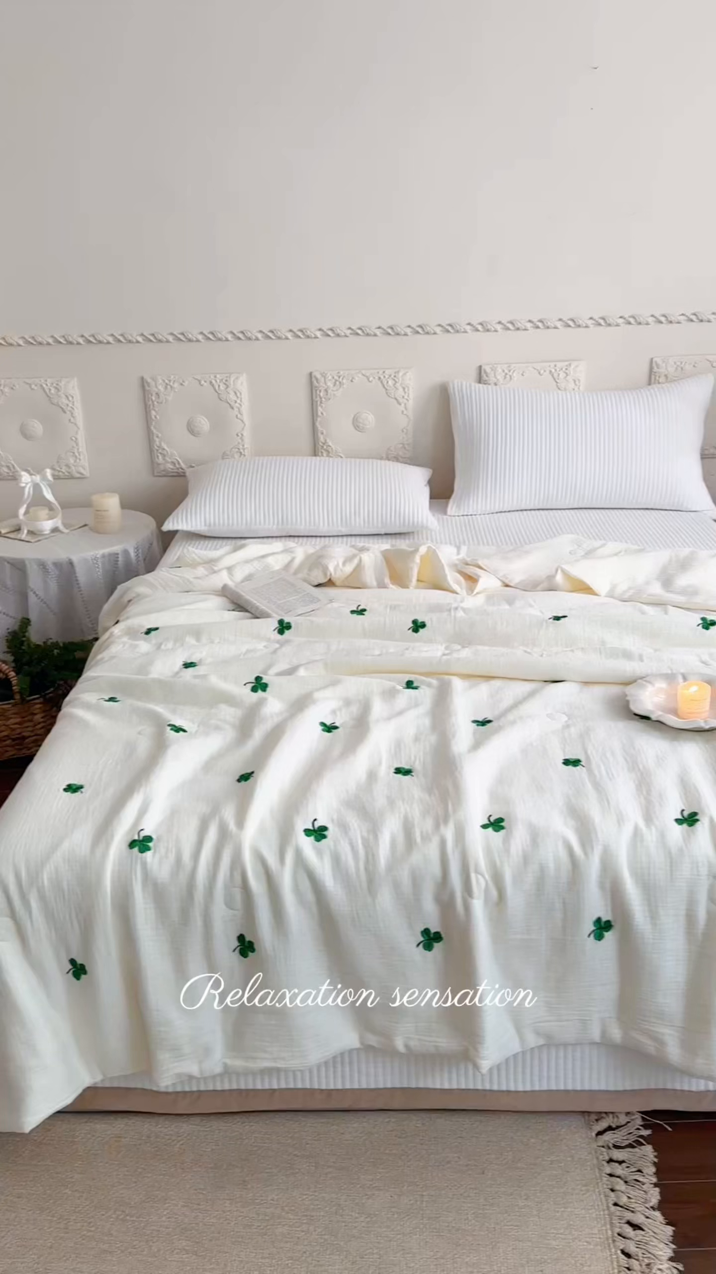 91家纺网 家纺一手货源 找家纺 宇航家纺 2026新款全棉纯棉皱皱纱刺绣款夏被夏凉被空调被床盖四件套 三叶草