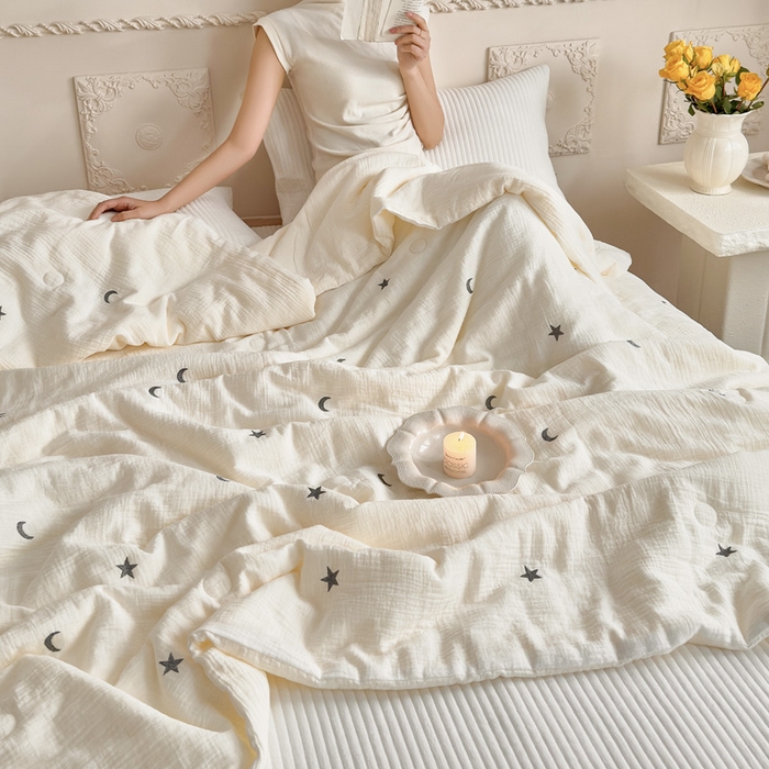 91家纺网 家纺一手货源 找家纺 宇航家纺 2026新款全棉纯棉皱皱纱刺绣款夏被夏凉被空调被床盖四件套 星眠