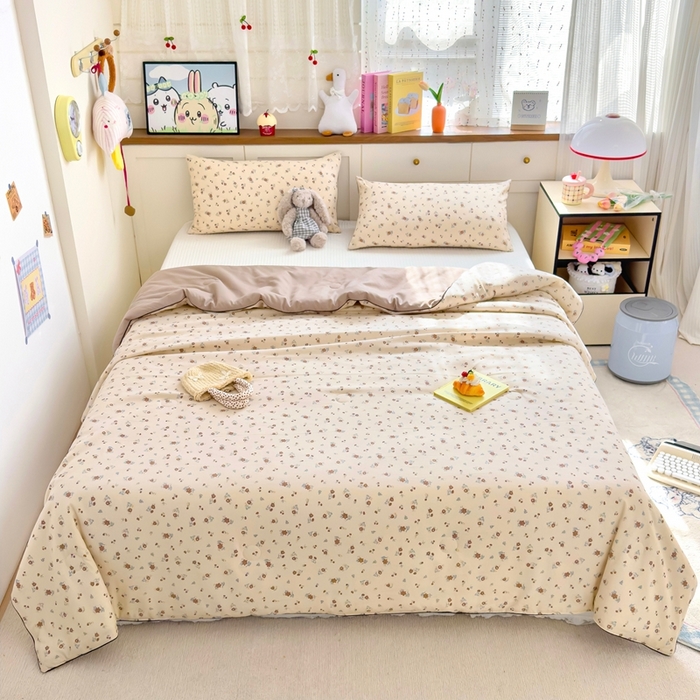 91家纺网 家纺一手货源 找家纺 金蕊阁 2025新款A类水洗双层纱夏被大豆夏被夏凉被空调被花落雨