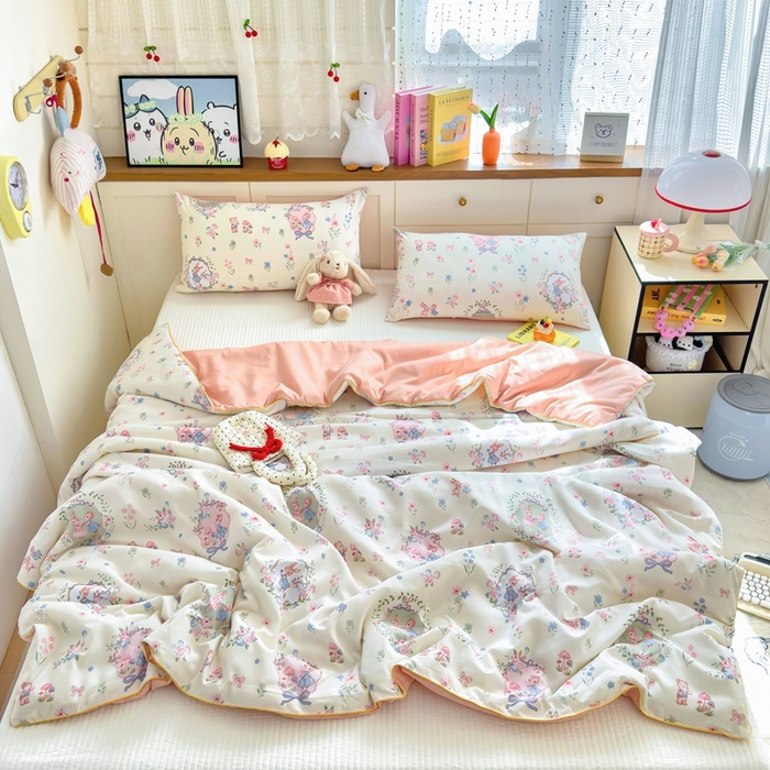 91家纺网 家纺一手货源 找家纺 金蕊阁 2025新款A类水洗双层纱夏被大豆夏被夏凉被空调被花仙兔