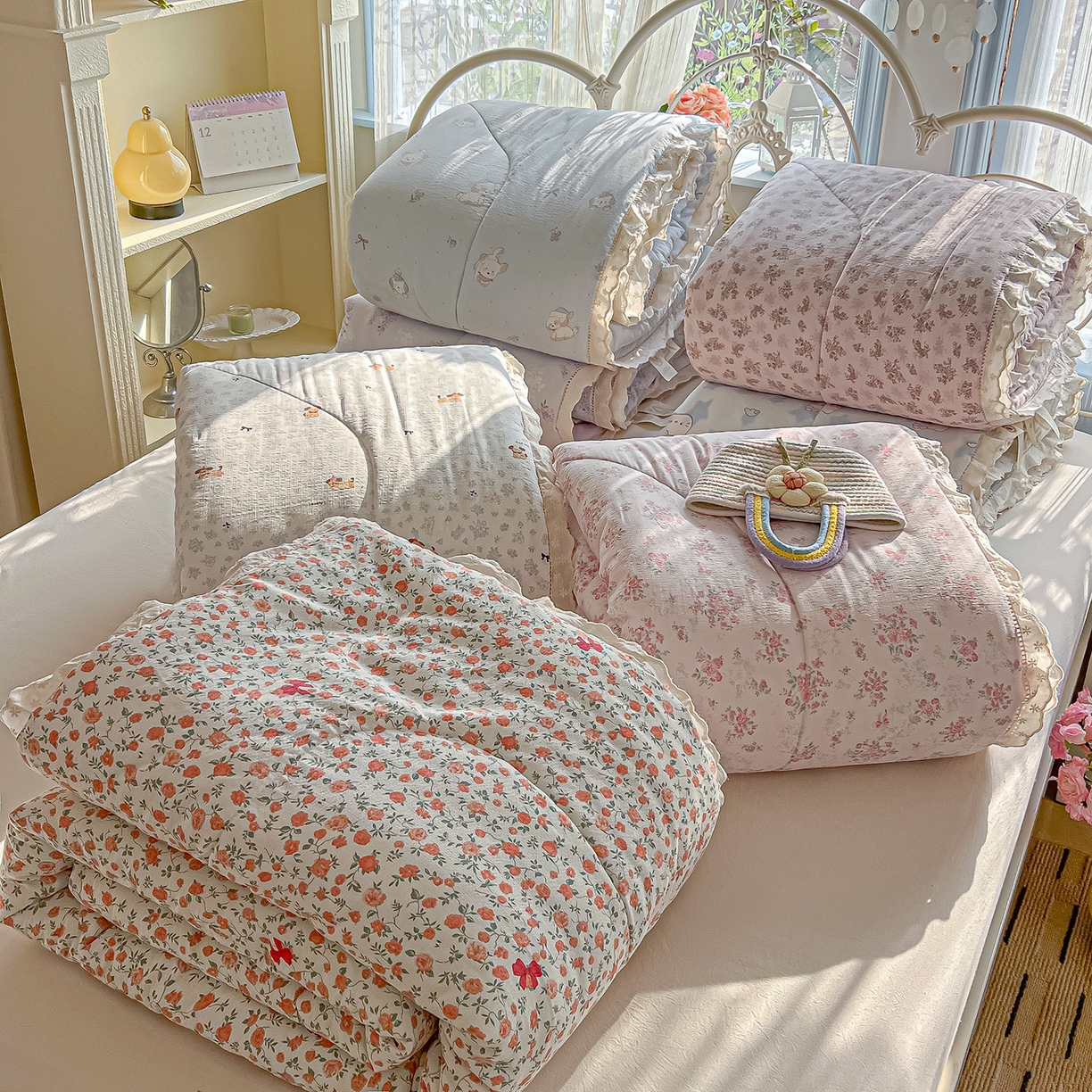 罗亿家纺 2026新款全棉镂空花边云感双层纱夏被四件套 组合图仅展示