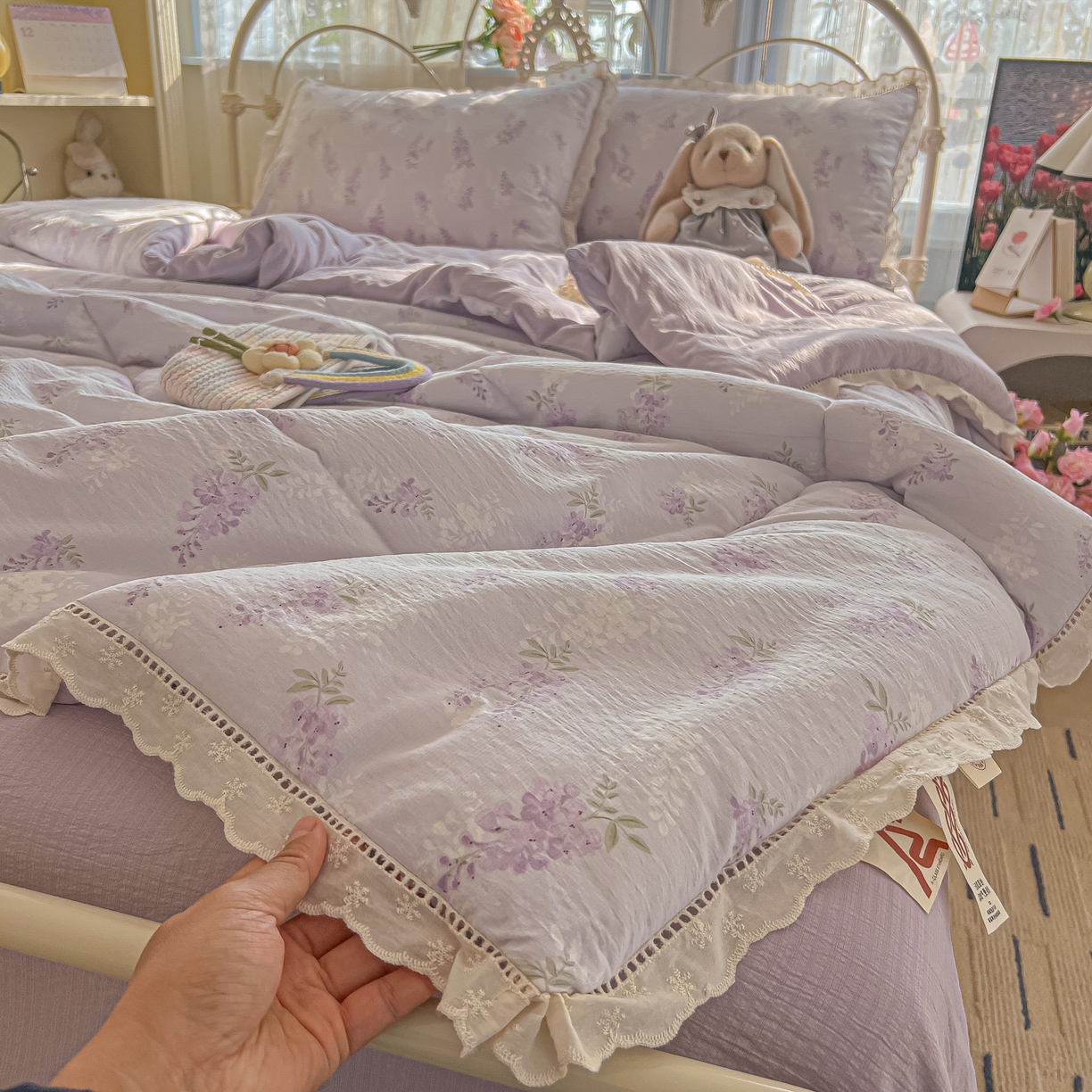 罗亿家纺 2026新款全棉镂空花边云感双层纱夏被四件套 萄气满满
