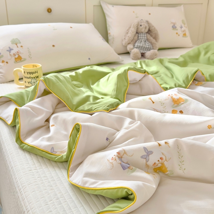 91家纺网 家纺一手货源 找家纺 金蕊阁 2025新款A类水洗双层纱夏被大豆夏被夏凉被空调被花语兔