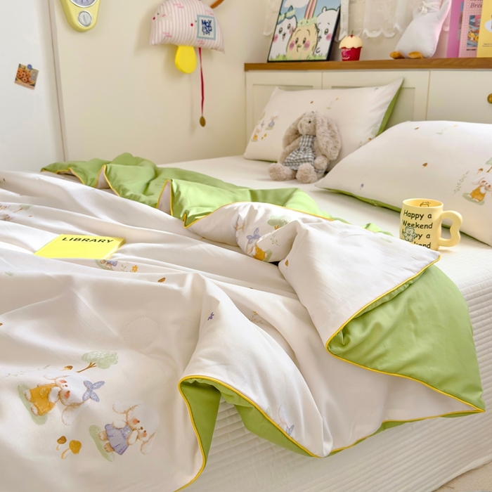 91家纺网 家纺一手货源 找家纺 金蕊阁 2025新款A类水洗双层纱夏被大豆夏被夏凉被空调被花语兔