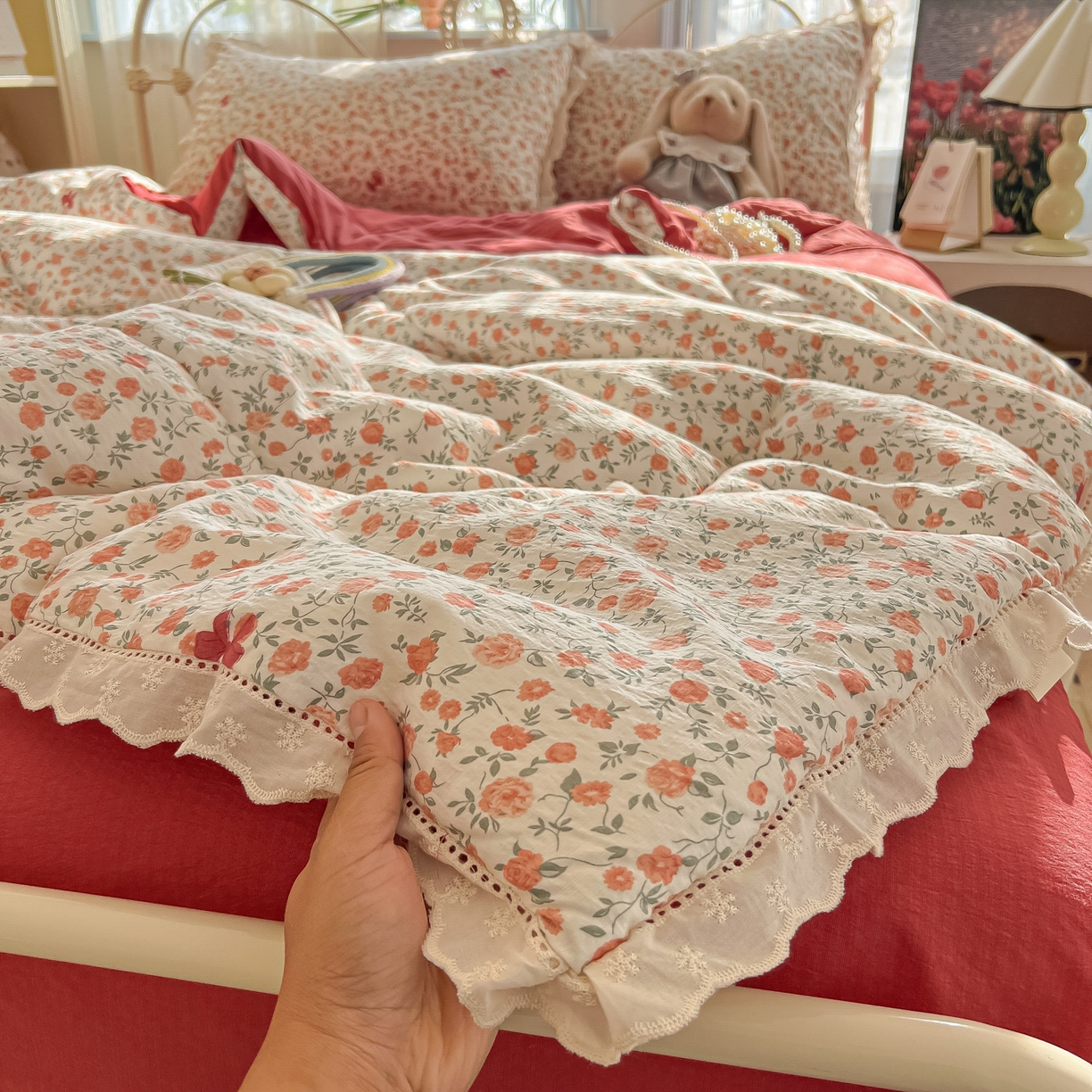 罗亿家纺 2026新款全棉镂空花边云感双层纱夏被四件套 赫本小姐