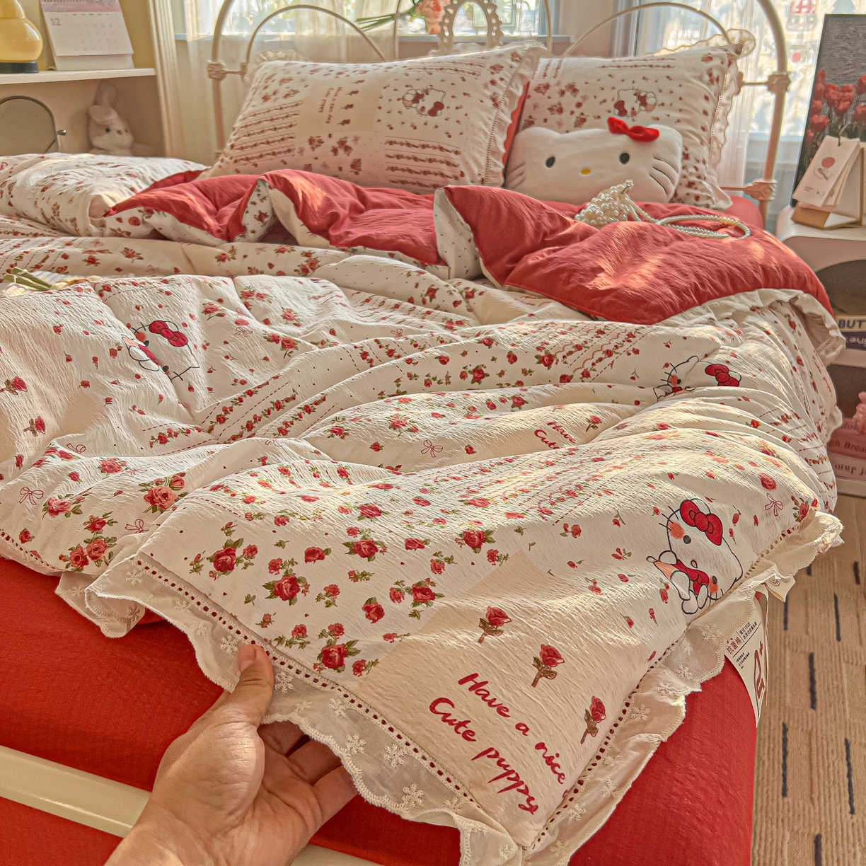 罗亿家纺 2026新款全棉镂空花边云感双层纱夏被四件套 花漾kitty