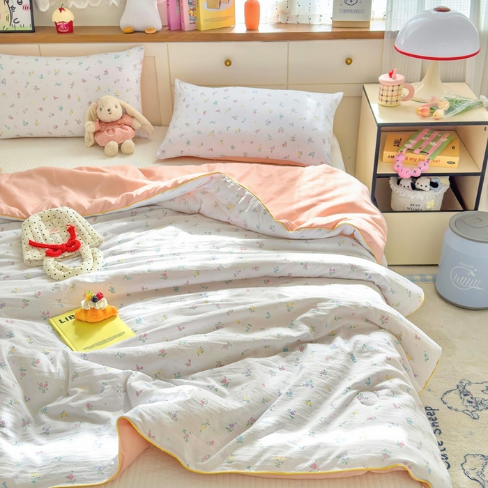 91家纺网 家纺一手货源 找家纺 金蕊阁 2025新款A类水洗双层纱夏被大豆夏被夏凉被空调被花韵