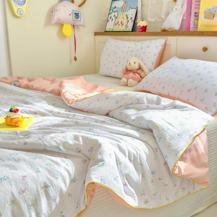 91家纺网 家纺一手货源 找家纺 金蕊阁 2025新款A类水洗双层纱夏被大豆夏被夏凉被空调被花韵