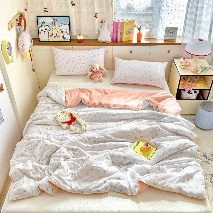 91家纺网 家纺一手货源 找家纺 金蕊阁 2025新款A类水洗双层纱夏被大豆夏被夏凉被空调被花韵