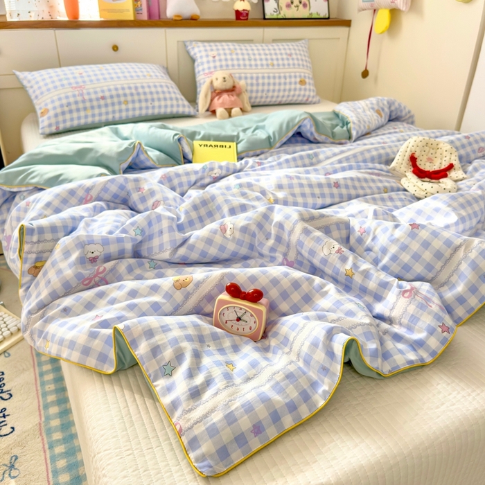 91家纺网 家纺一手货源 找家纺 金蕊阁 2025新款A类水洗双层纱夏被大豆夏被夏凉被空调被兰格小狗