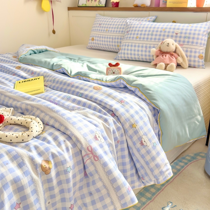 91家纺网 家纺一手货源 找家纺 金蕊阁 2025新款A类水洗双层纱夏被大豆夏被夏凉被空调被兰格小狗